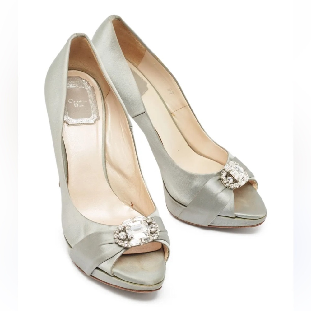 💎Christian Dior Silver Satin Peep-Toe Heels with Embellishments 💎